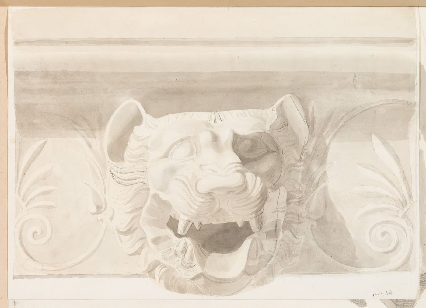 Detail of a frieze with a lion's head and anthemion ornament