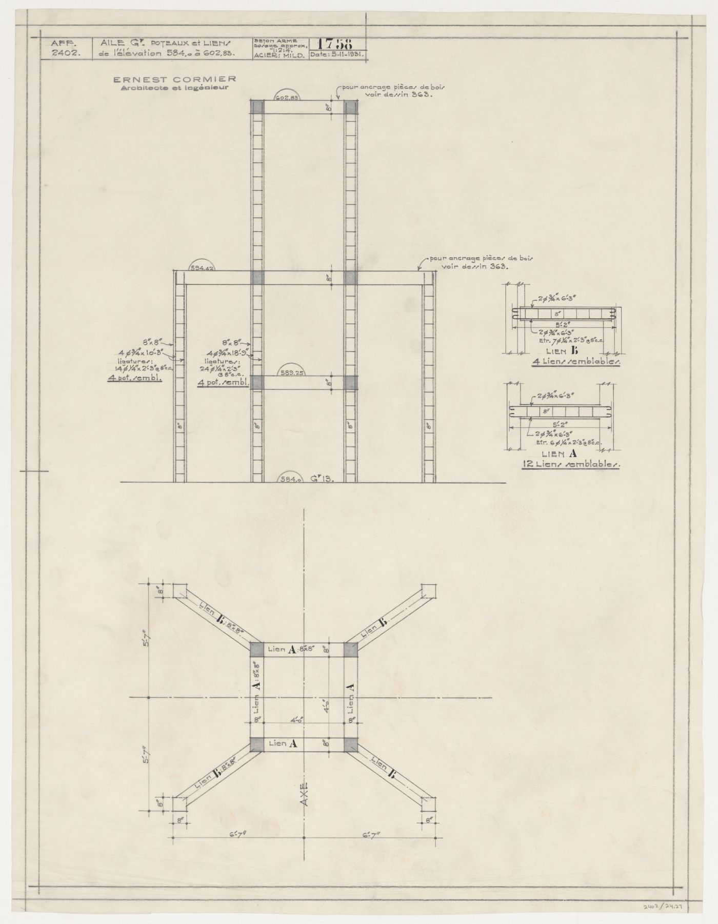 Détails des poteaux et liens de l'élévation de l'aile G, Pavillon principal et campus, Université de Montréal, Montréal, Canada (1924-1947)