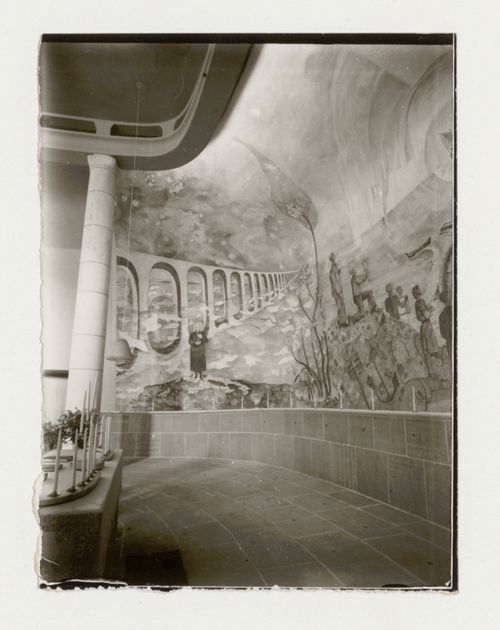 Interior view of the Chapel of the Holy Cross showing the fresco designed by Sven Erixson, Woodland Crematorium and Cemetery, Stockholm