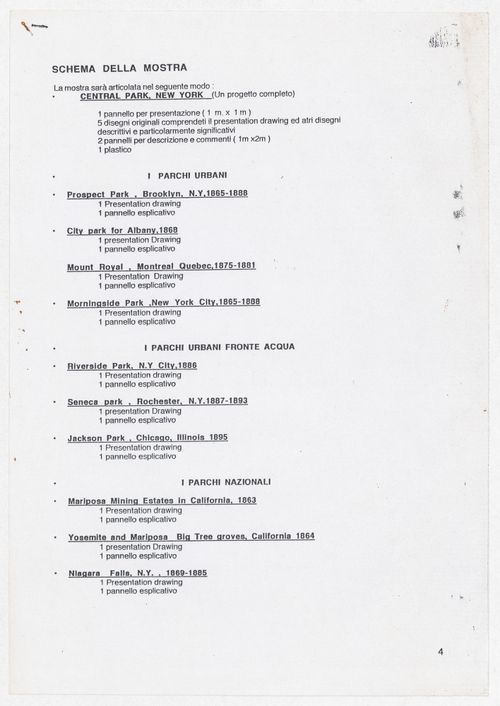 Exhibition scheme for the exhibition Olmsted: L'origine del parco urbano e del parco naturale contemporaneo