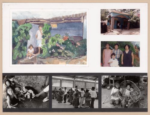 Presentation panel with painting of a life scene and photographs of families in La Esperanza for the Urban Upgrading project La Esperanza, in Zihuatanejo, Mexico
