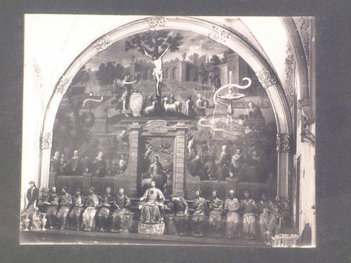 View of the statues of Jesus Christ and the apostles and of the painting "Hortus Conclusus" [enclosed garden] in the sacristy of the Church of Santa Rosa, Convento de Santa Rosa de Viterbo, Querétaro, Mexico