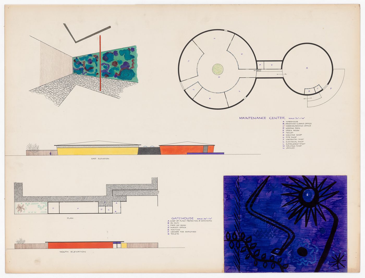 Plans, elevations and details for Administrative Buildings for a Petroleum Refining Plant