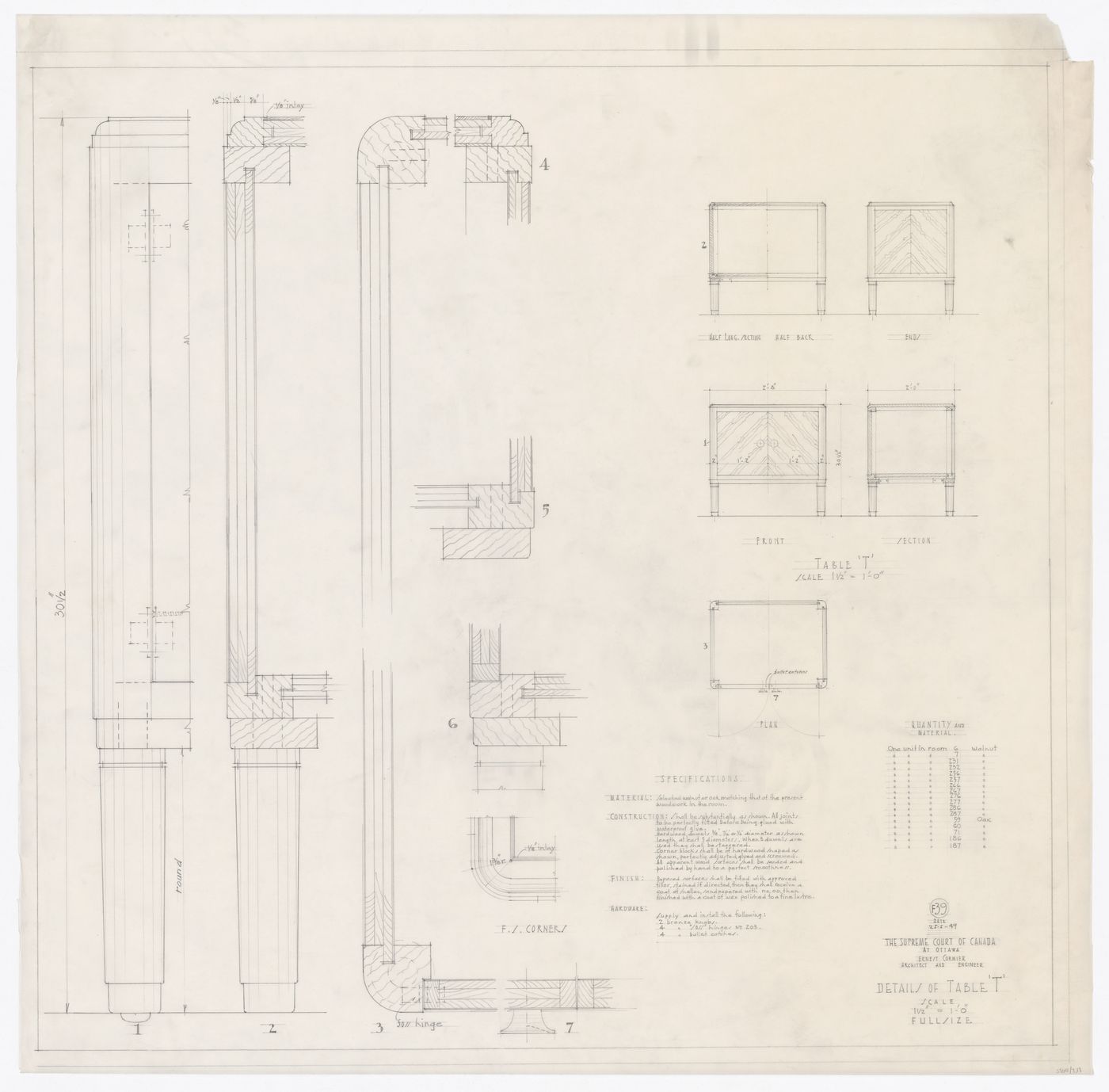 Plan, élévations, coupes et détails de la table "T" pour Cour suprême du Canada, Ottawa, Ontario