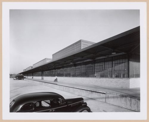 View of the rear [?] façade of a warehouse, Nash-Kelvinator Corporation Airplane Assembly [?] Plant, Plymouth, Michigan