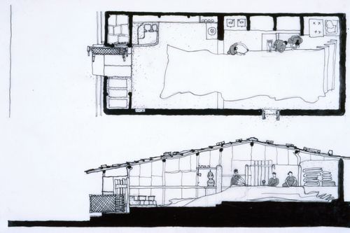 Floor plan and section showing textile workshop used for the Human Settlement Training Package "Package 1: Planning guidelines"