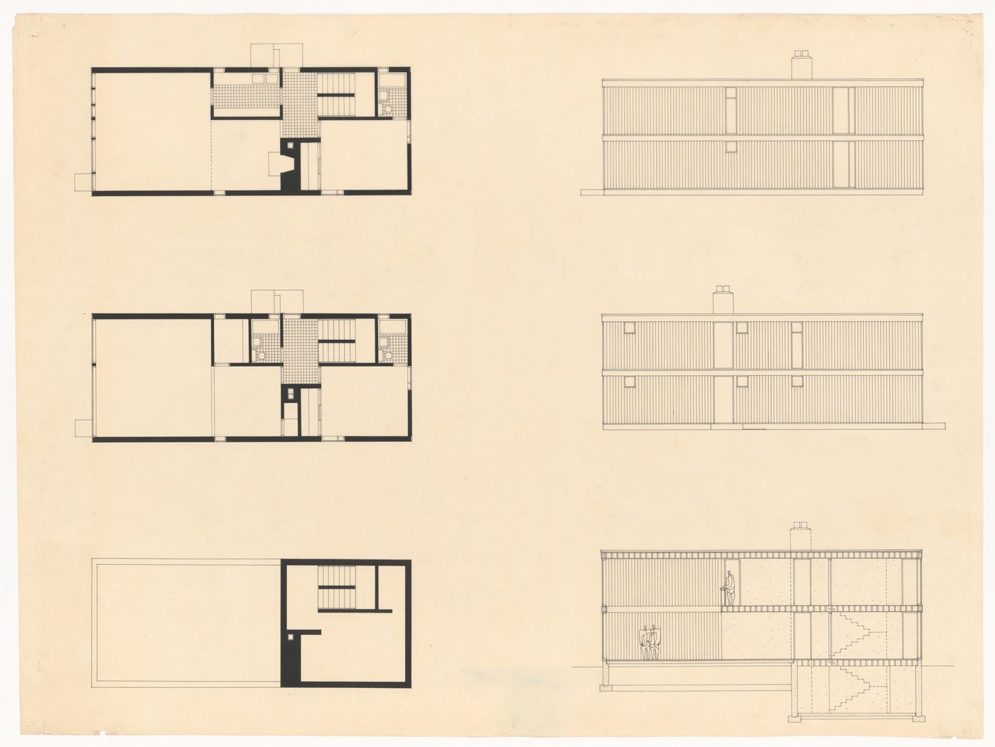 Plans, elevations, and section for Ithaca House