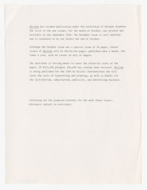 Proposal for content of November, December and January issues of Skyline