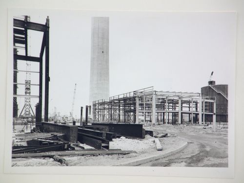 View of construction of steel structure for power station, United Kingdom