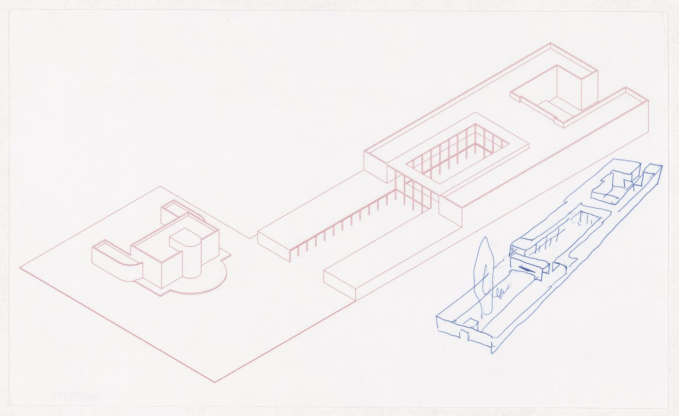 Axonometric view and sketch axonometric view for Reitoria da Universidade de Alicante, Alicante, Spain