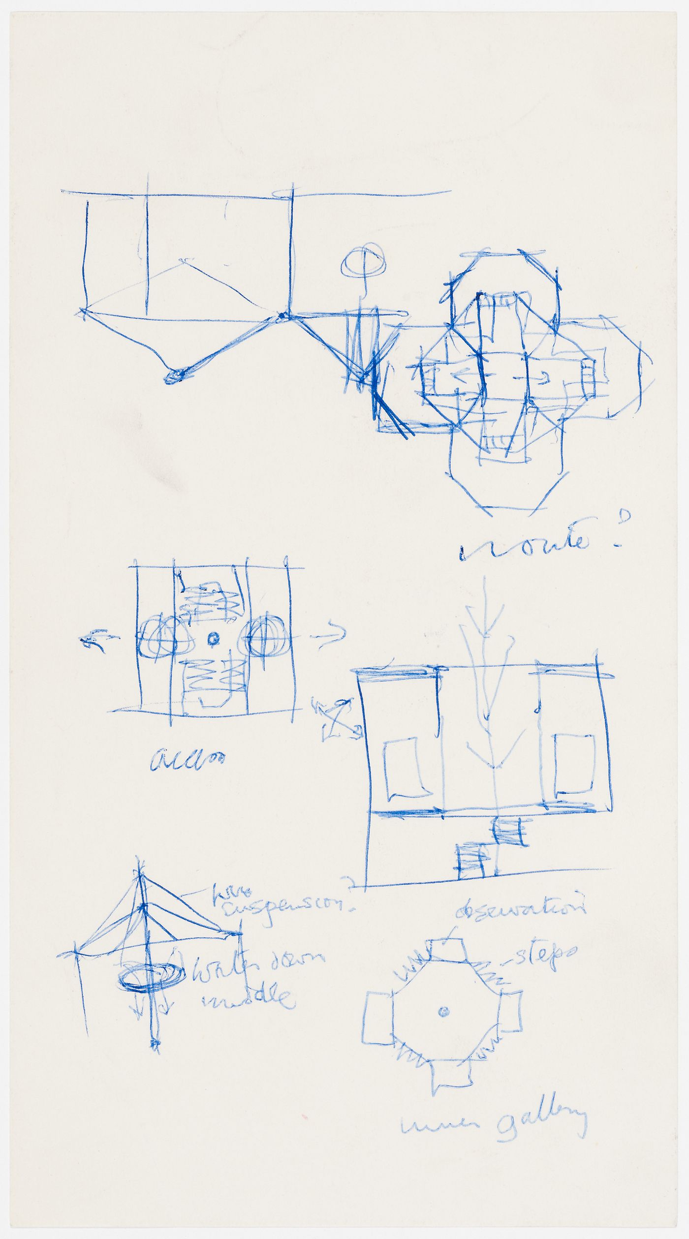 Conceptual sketches, including plan of inner gallery, for the Aviary at the London Zoo, London, England