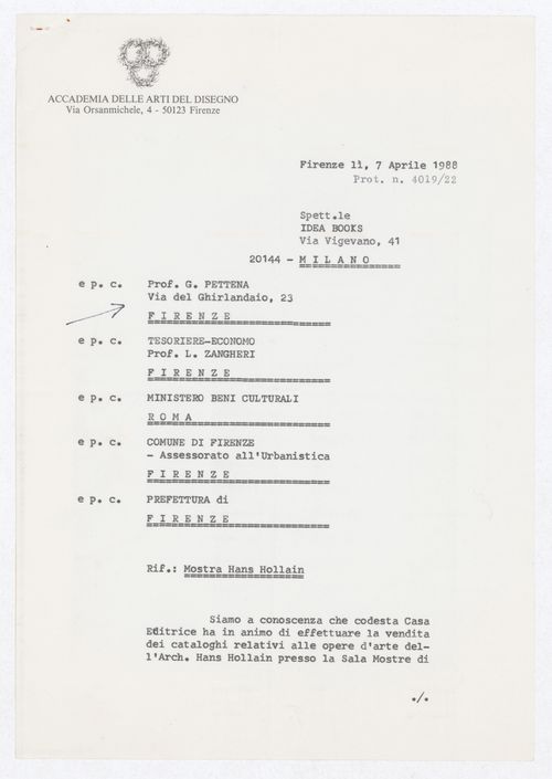 Correspondence for a publication related to the exhibition Hans Hollein. Opere 1960-1988