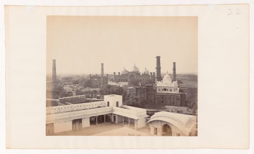 View of palace buildings with Badshahi Masjid in the background, Lahore Fort, Lahore, India (now in Pakistan)