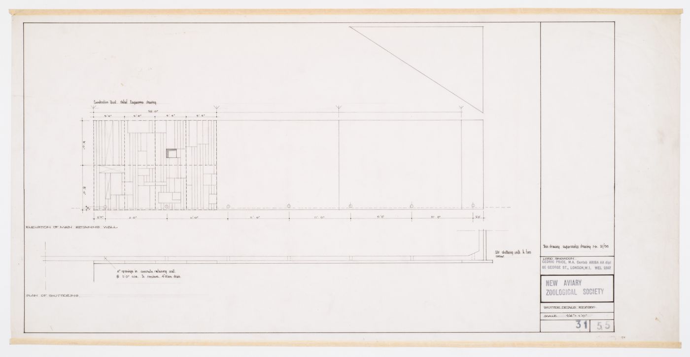 London Zoo Aviary, Regent's Park, London, England: elevation of main retaining wall and plan of shuttering