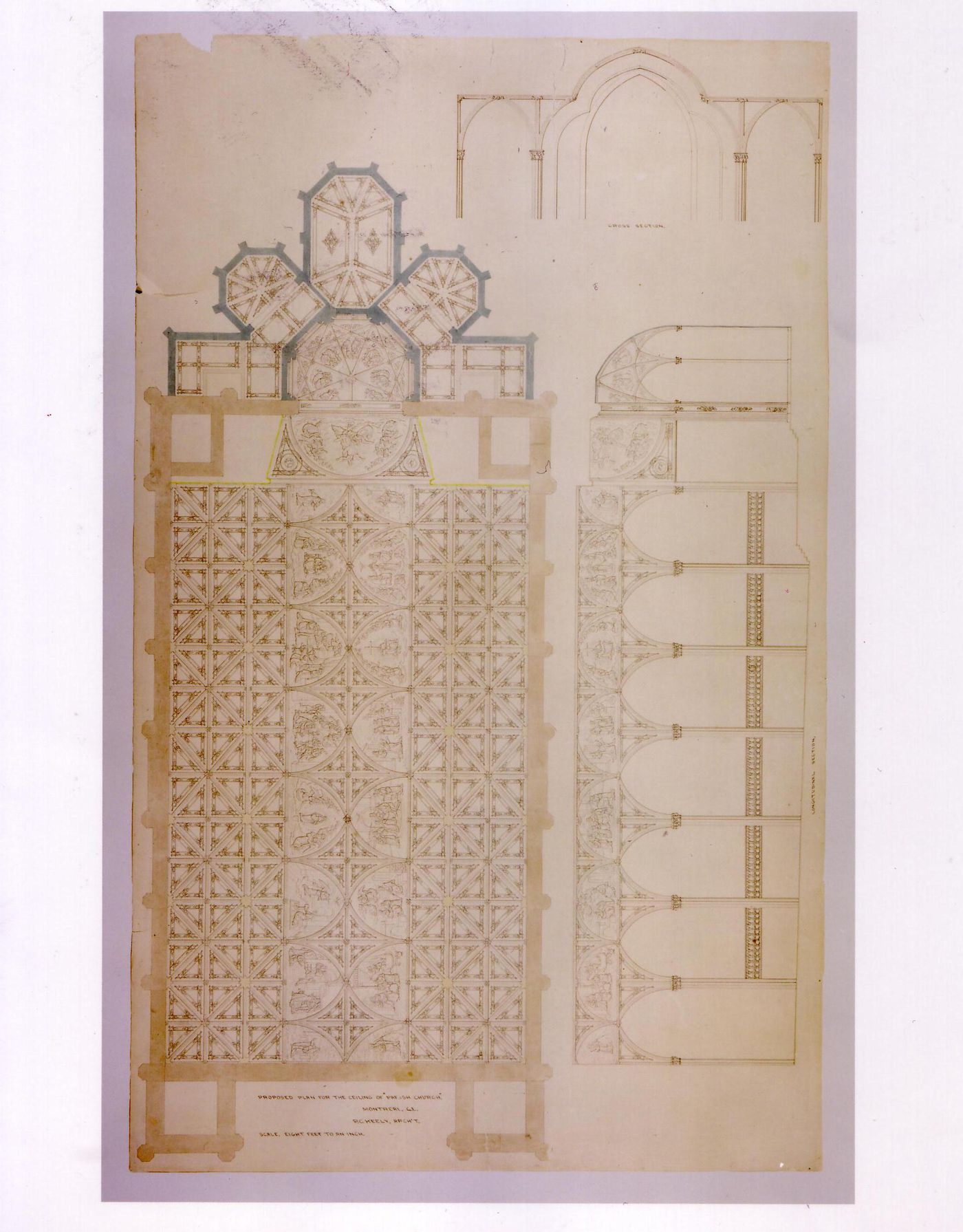 Ceiling plan and longitudinal and cross sections for the interior design by Patrick Charles Keely for Notre-Dame de Montréal