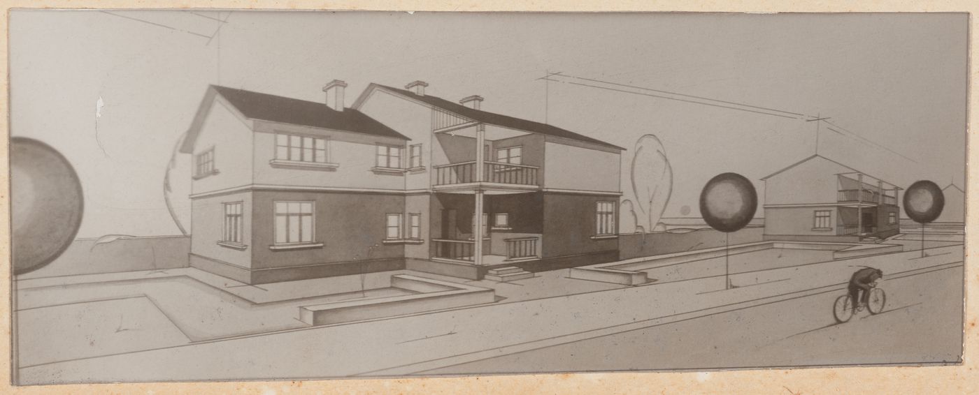 Photograph of a perspective drawing for industrial housing, Kashira, Soviet Union (now Russia)