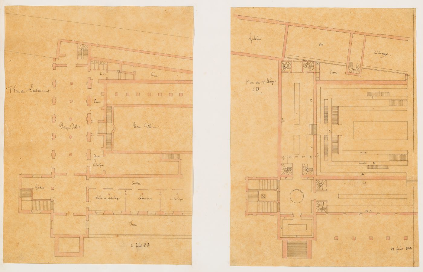 Project for a Galerie de zoologie, 1862: Partial plans for the "soubassement" and the first floor