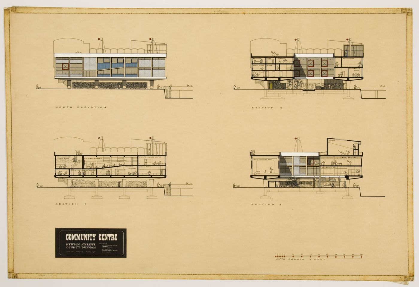 Town centre and community centre, Newton Aycliffe, England (thesis, Liverpool School of Architecture): elevation and sections