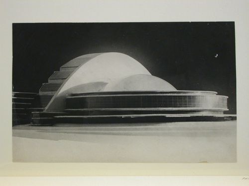 Photograph of a cardboard [?] model for the first round of competition for a "synthetic theater" in Sverdlovsk, Soviet Union (now Ekaterinburg, Russia)