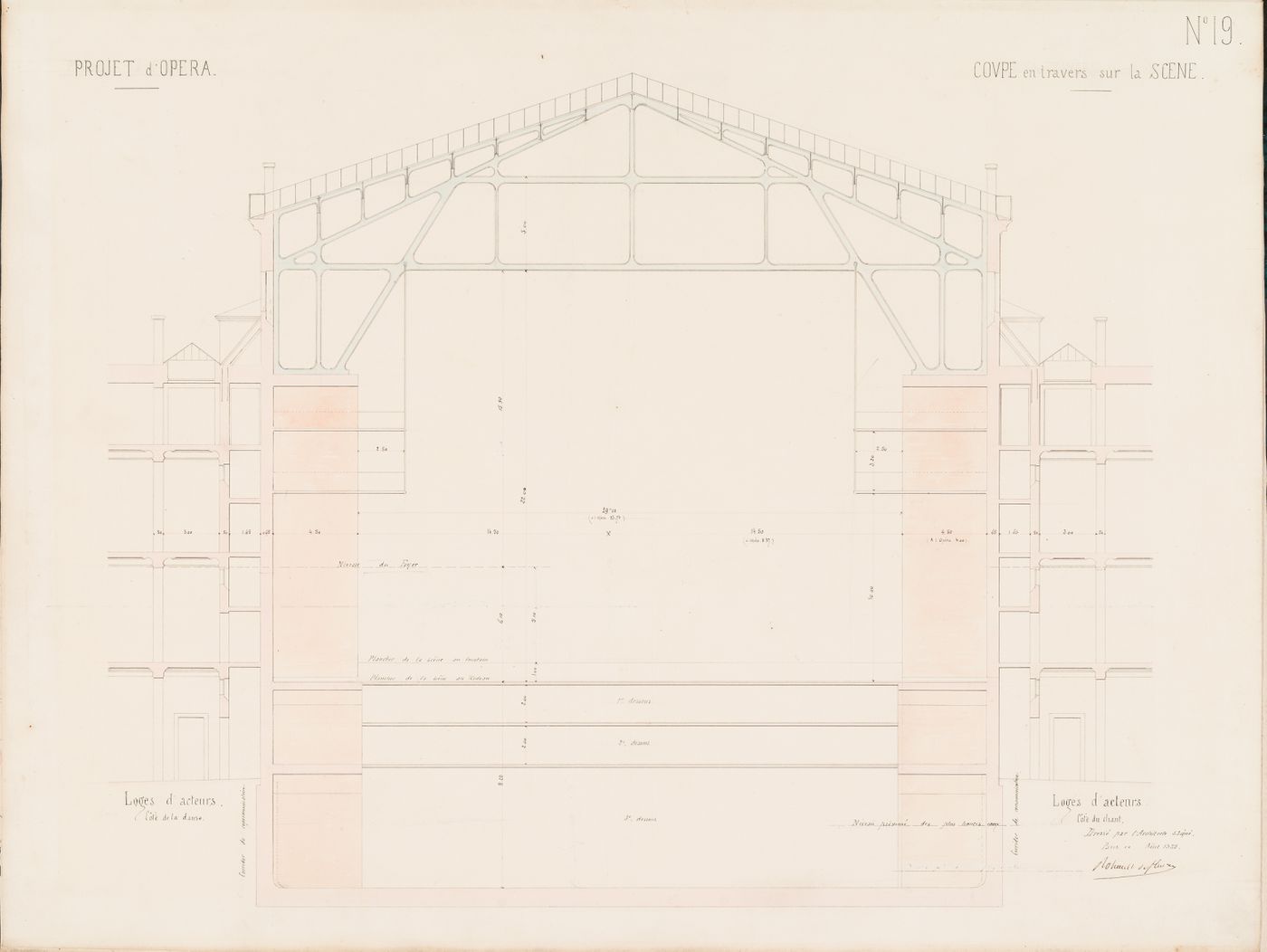 Project for an opera house for the Théâtre impérial de l'opéra: Cross section through the stage showing the sub-stage floor levels and roof trusses