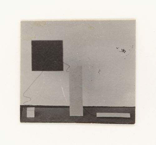 Photograph of a student model on the topic "Constructing a Voluminous Composition Based on Correlation of Mass (Cube) and Support" for the "Space" course at the Vkhutemas (Higher State Artistic Technical Studios), Moscow