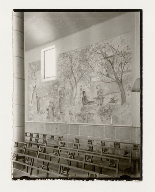 Interior view of the Chapel of the Holy Cross showing the fresco designed by Sven Erixson, Woodland Crematorium and Cemetery, Stockholm
