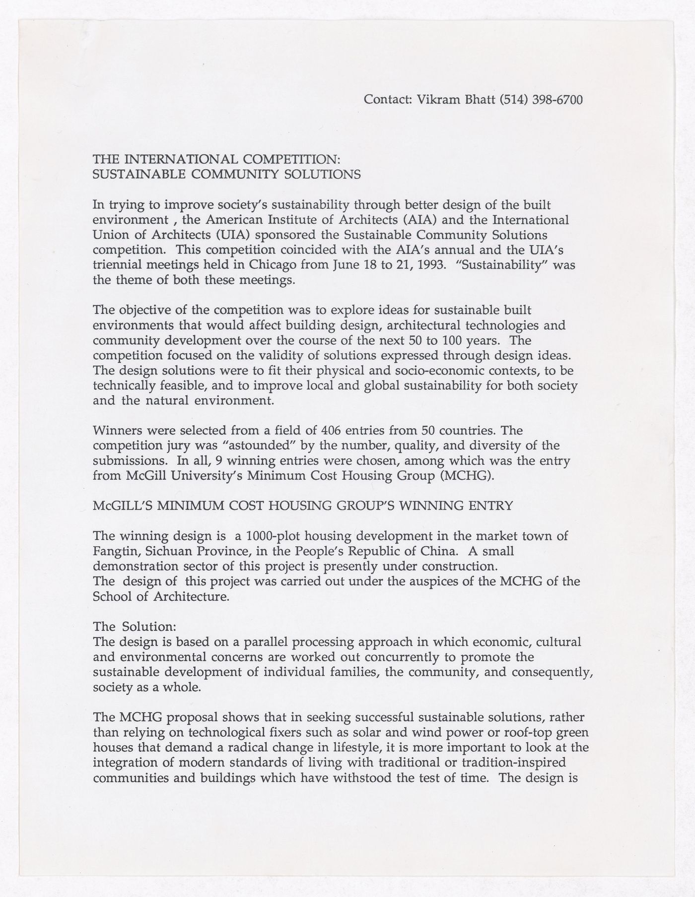 Jury report for the American Institute of Architects (AIA) and the International Union of Architects (UIA) International Competition: Sustainable Community Solutions