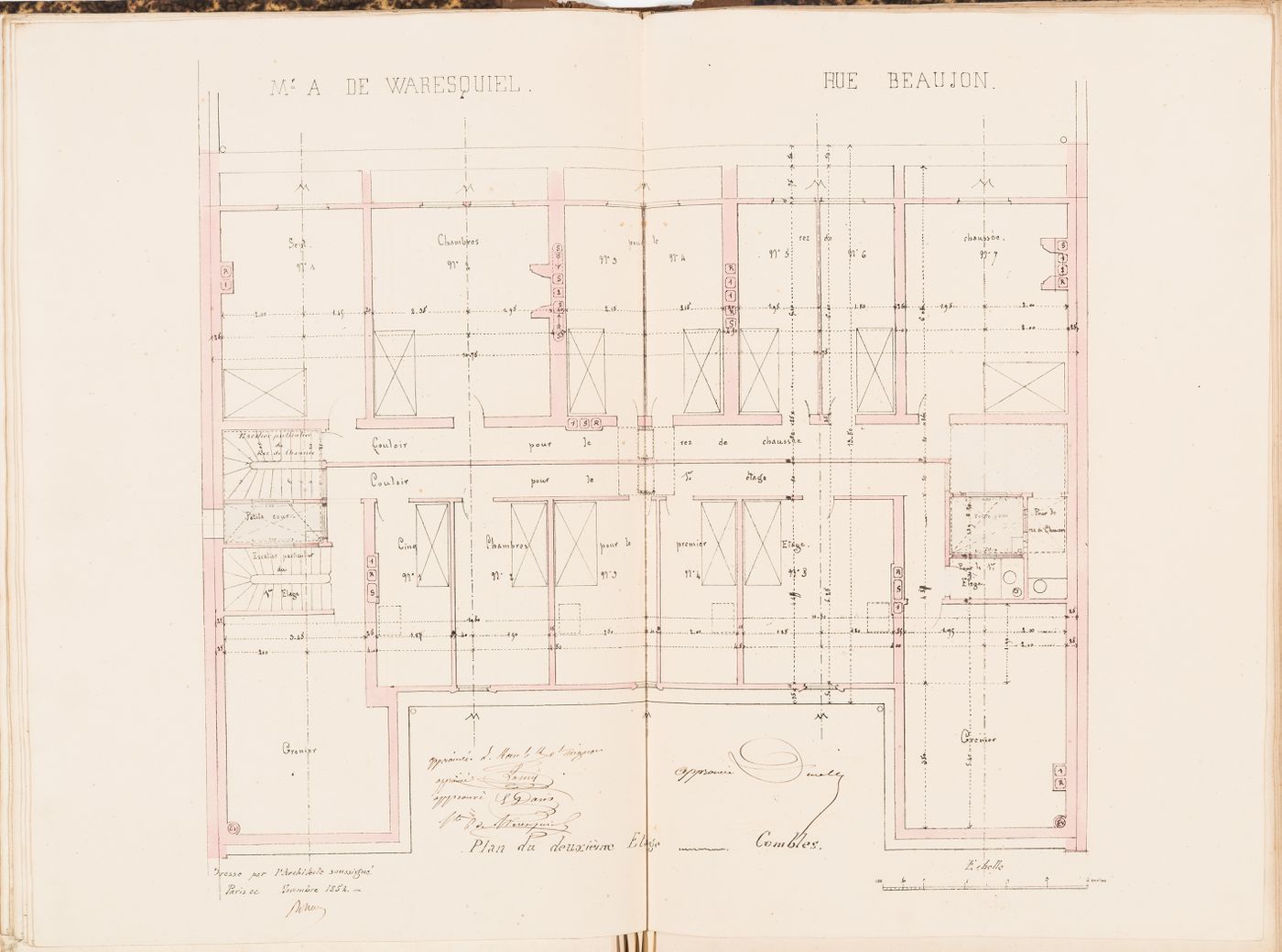 Contract drawing for a house for Monsieur A. Waresquiel, rue Beaujon, Paris: Second floor plan