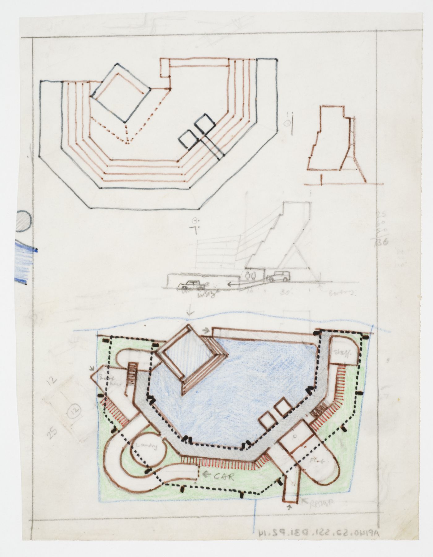 Florey Building, Queen's College, University of Oxford, Oxford, England: plans, elevation and perspective