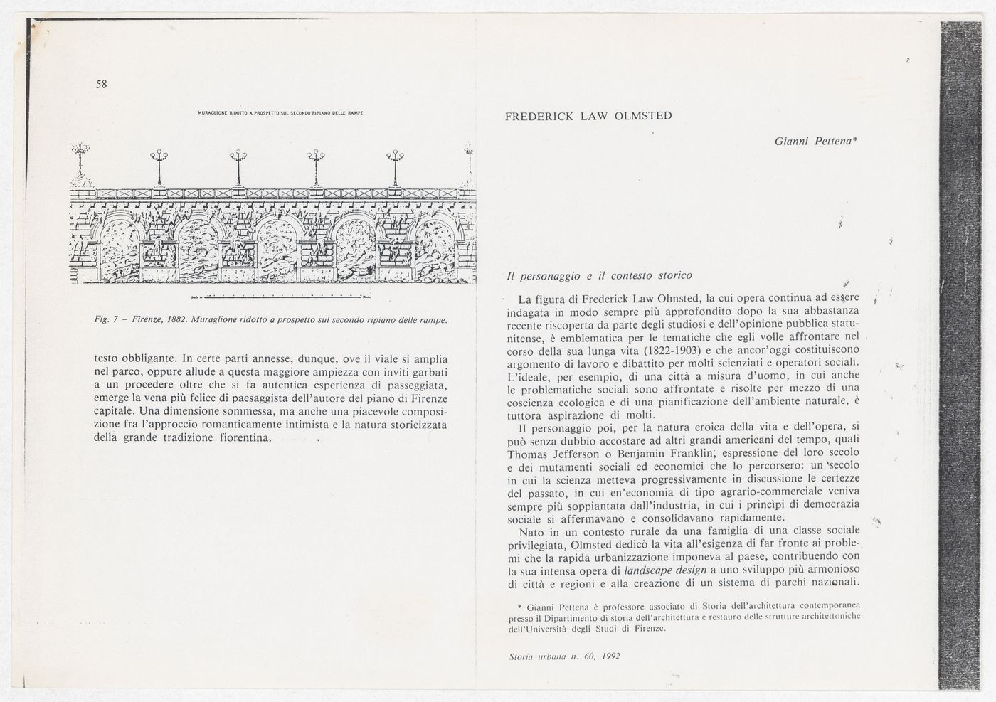 Photocopy of article by Pettena, Giuseppe Poggi e il Viale dei Colli a Firenze Frederick Law Olmsted, Storia urbana, XVI(60), 1992, pp. 59 for the exhibition Olmsted: L'origine del parco urbano e del parco naturale contemporaneo