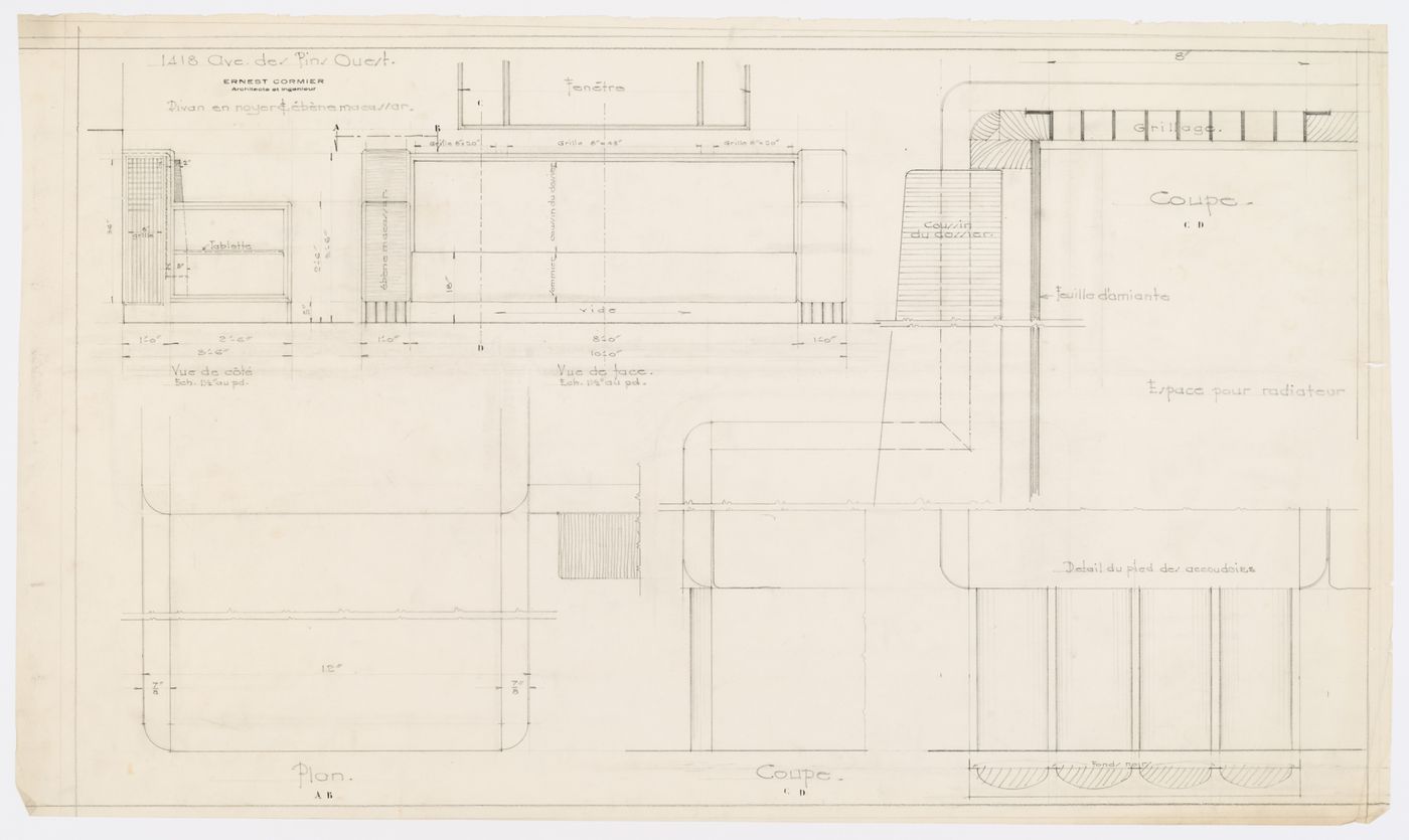 Détails d'un divan,  Résidence Ernest Cormier, 1418 Avenue des Pins Ouest, Montréal, Canada (1929-1957)