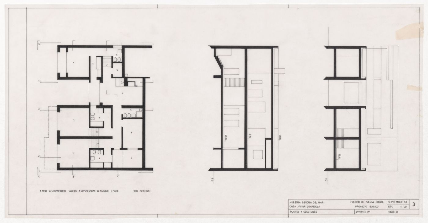 Plan and sections for Casa Guardiola, Puerto de Santa Maria, Spain