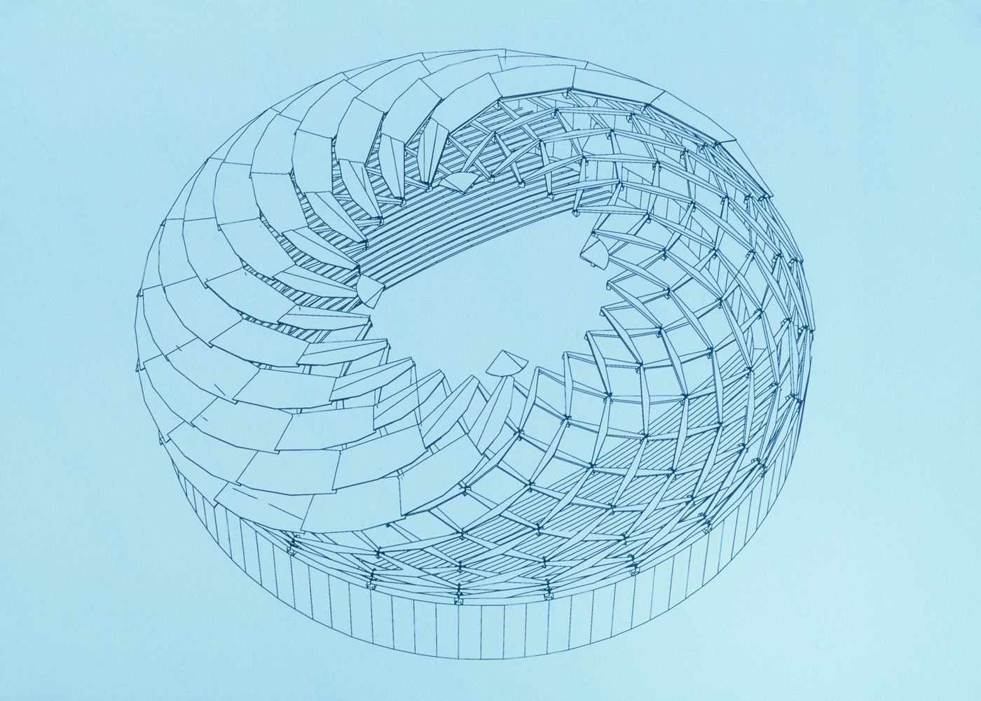 Cutaway of an iris-type retractable roof, partially closed.