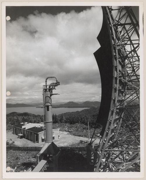 View of BC Tel troposcatter telecommunication system, Trutch Island, British Columbia, Canada