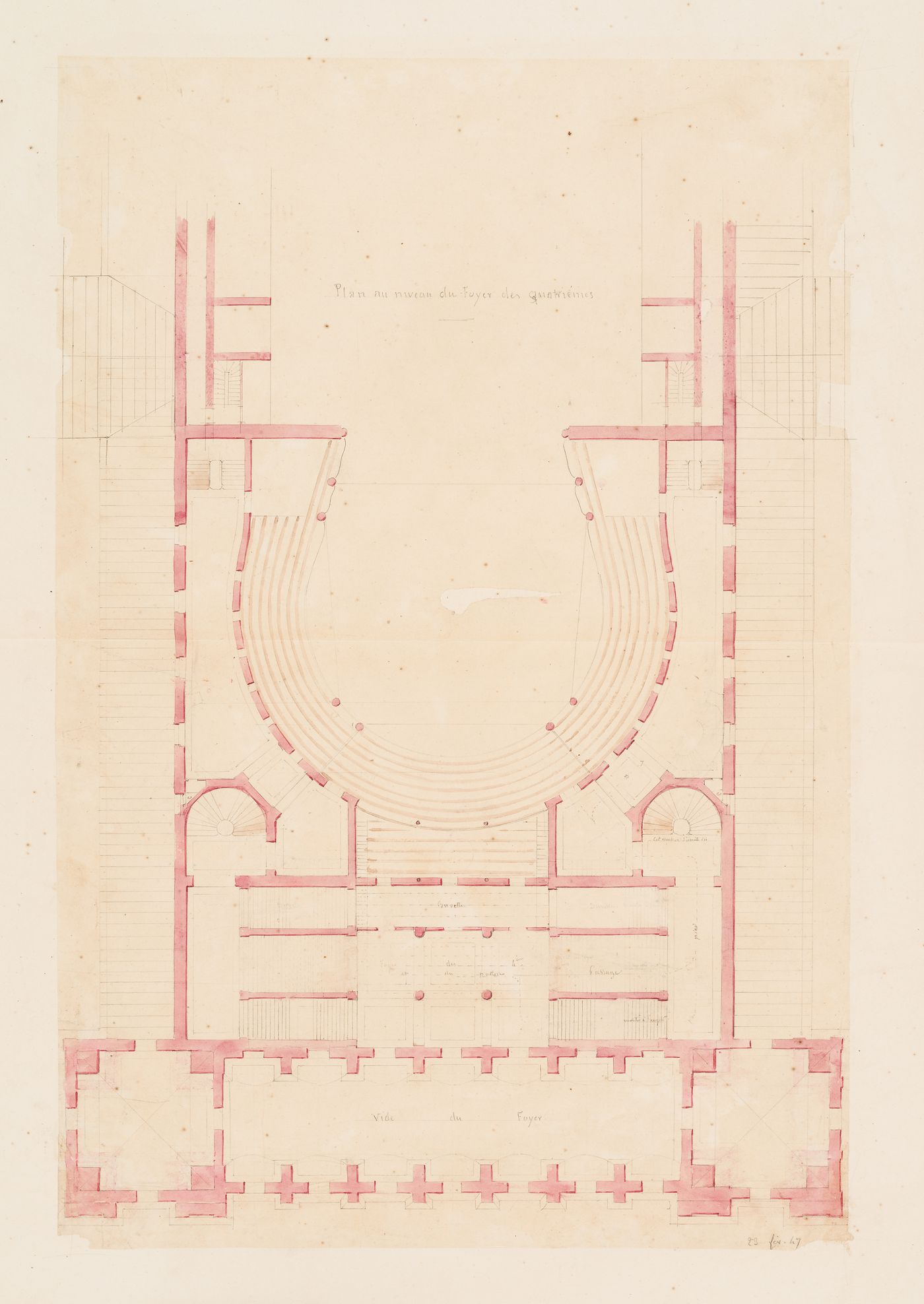 Plan for the "niveau du foyer des quatrièmes [sic]" for an opera house for the Académie royale de musique