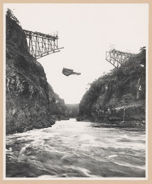 View of construction of Victoria Falls Bridge from below, Zambezi River, crossing the border between Victoria Falls, Zimbabwe and Livingstone, Zambia
