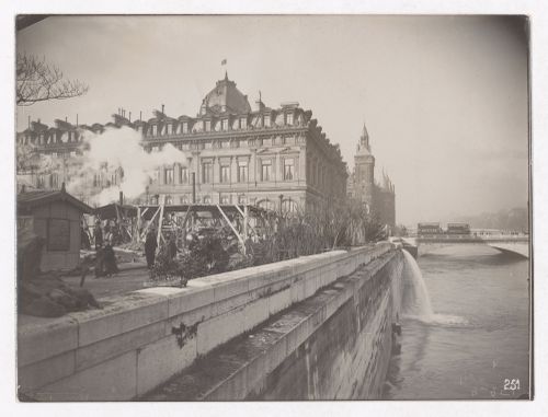 Construction of the Paris Metro, exterior view with smoke stacks and machinery next to the Seine, Paris, France