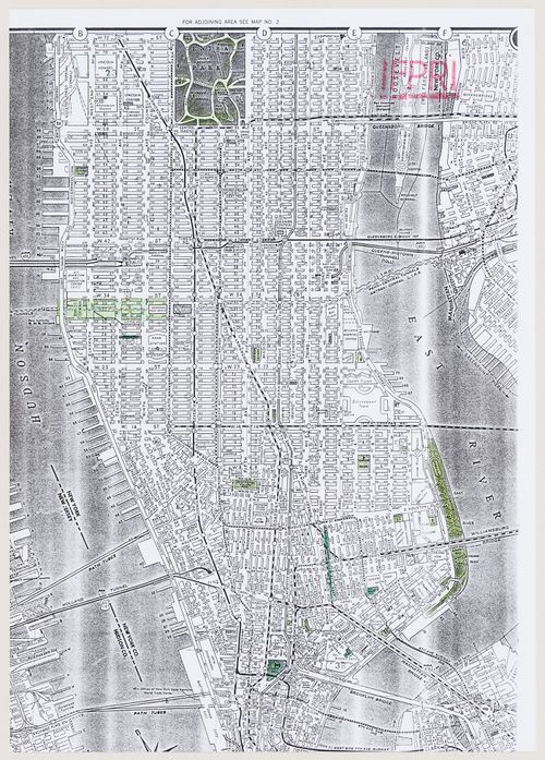 Map of Manhattan with site for the IFCCA Prize for the Design of Cities competition and other landmarks highlighted (document from the IFPRI project records)