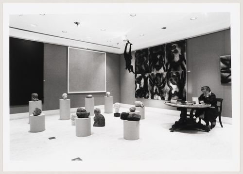 Ashmole: view of the exhibition "Ancient and Modern" at the McAlpine Gallery, Ashmolean Museum: sculptured heads with painting by William Turnbull and works by Sidney Nolan