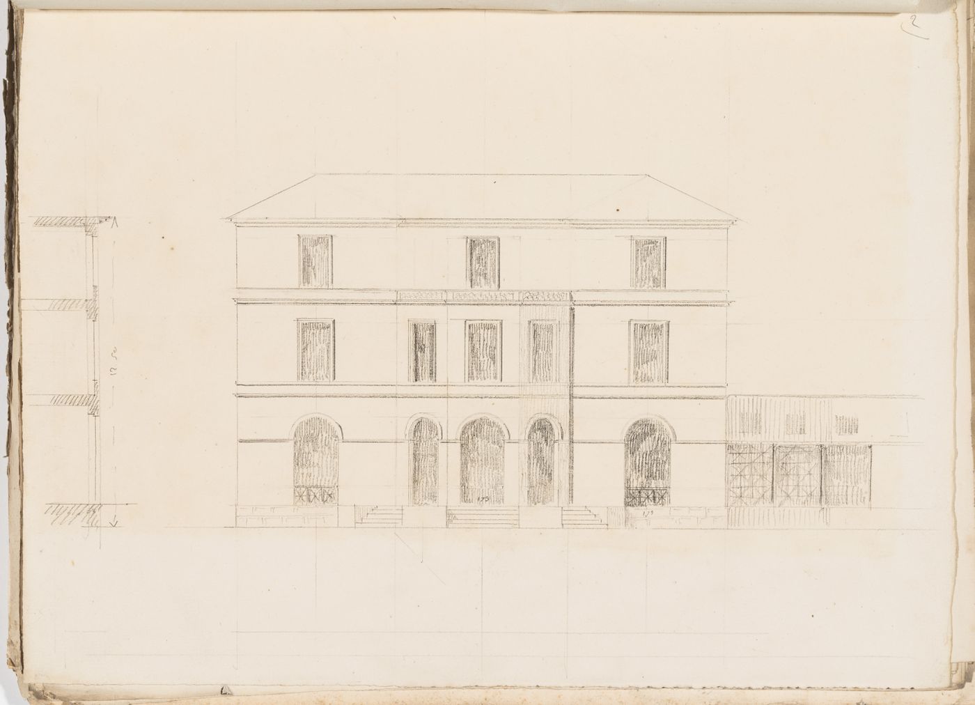 Project no. 2 for a country house for comte Treilhard: Elevation with partial section