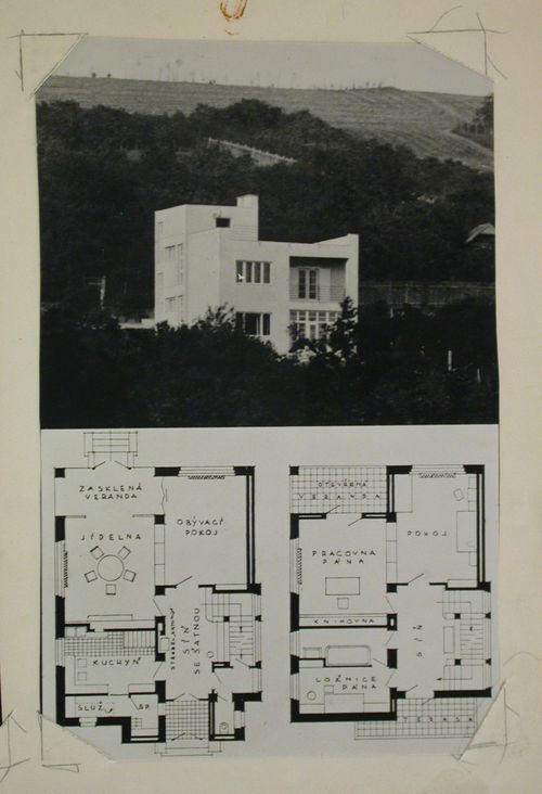 View of a villa and plan drawing, Brno, Czechoslovakia (now Czech Republic)