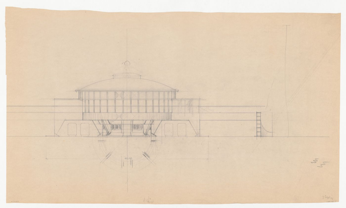 Elevation and plan for Café Viaduct for the reconstruction of the Hofplein (city centre), Rotterdam, Netherlands