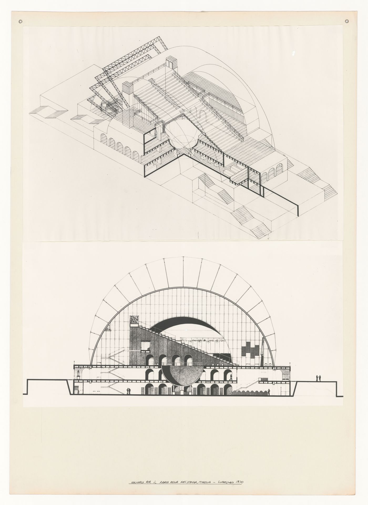 Axonomeetric cross section and elevation for Urban park competition, Modena, Italy