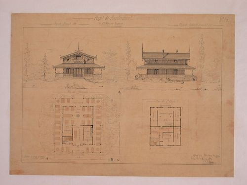 Rendered elevations and plans for a "Petit-Chateau" [sic]
