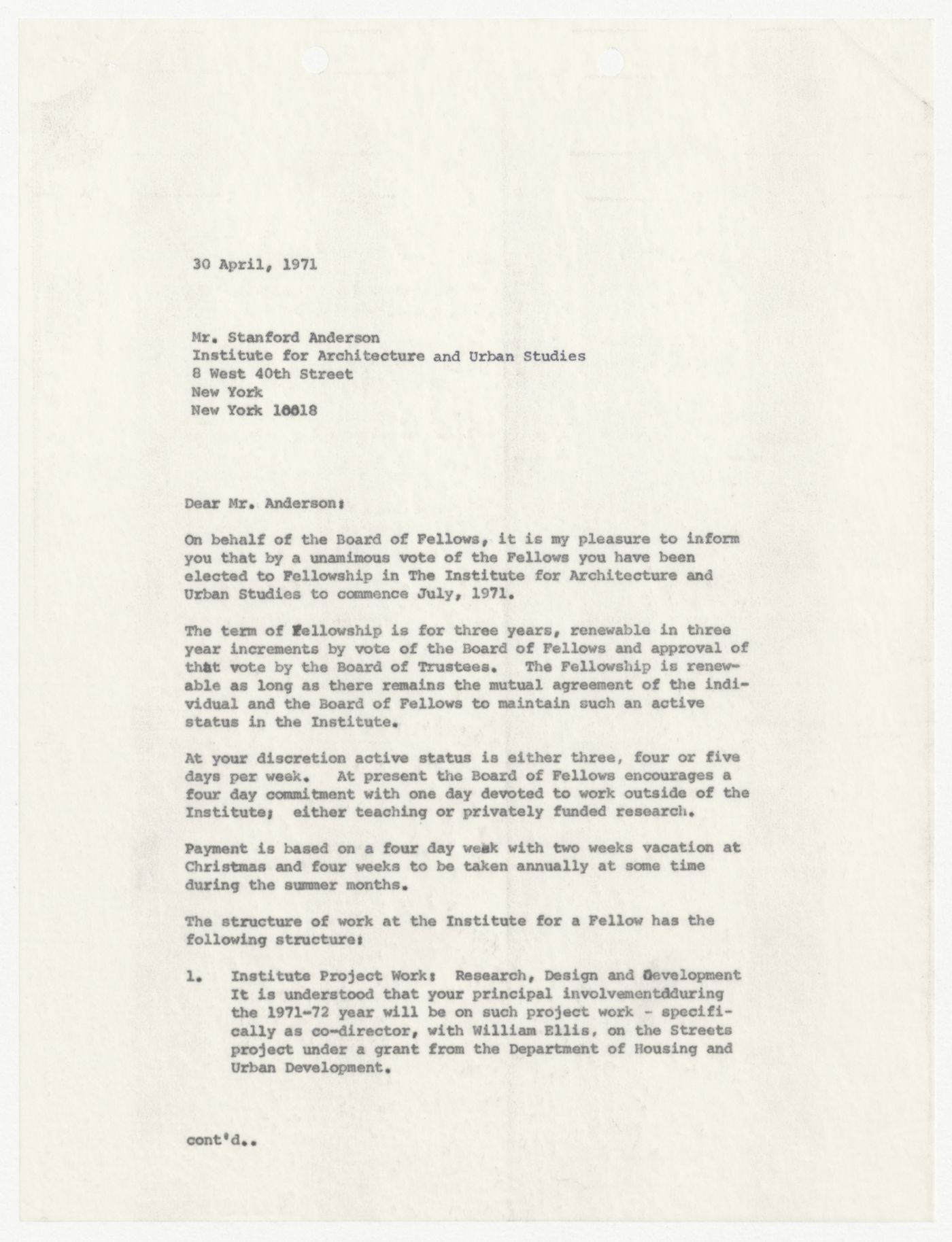 Letter from Peter D. Eisenman to Stanford Anderson confirming Anderson's election as a Fellow