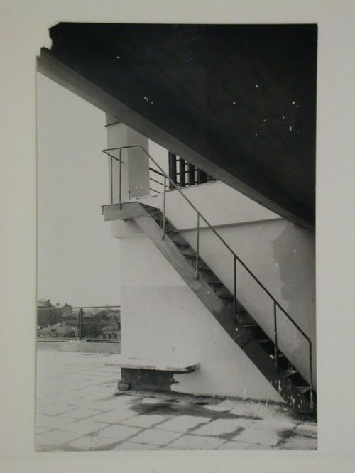 Partial view of the roof garden of the house-commune for State Insurance (Gosstrakh) employees showing the metal stairs to the upper level, 21 Malaia Bronnaia Street, Moscow