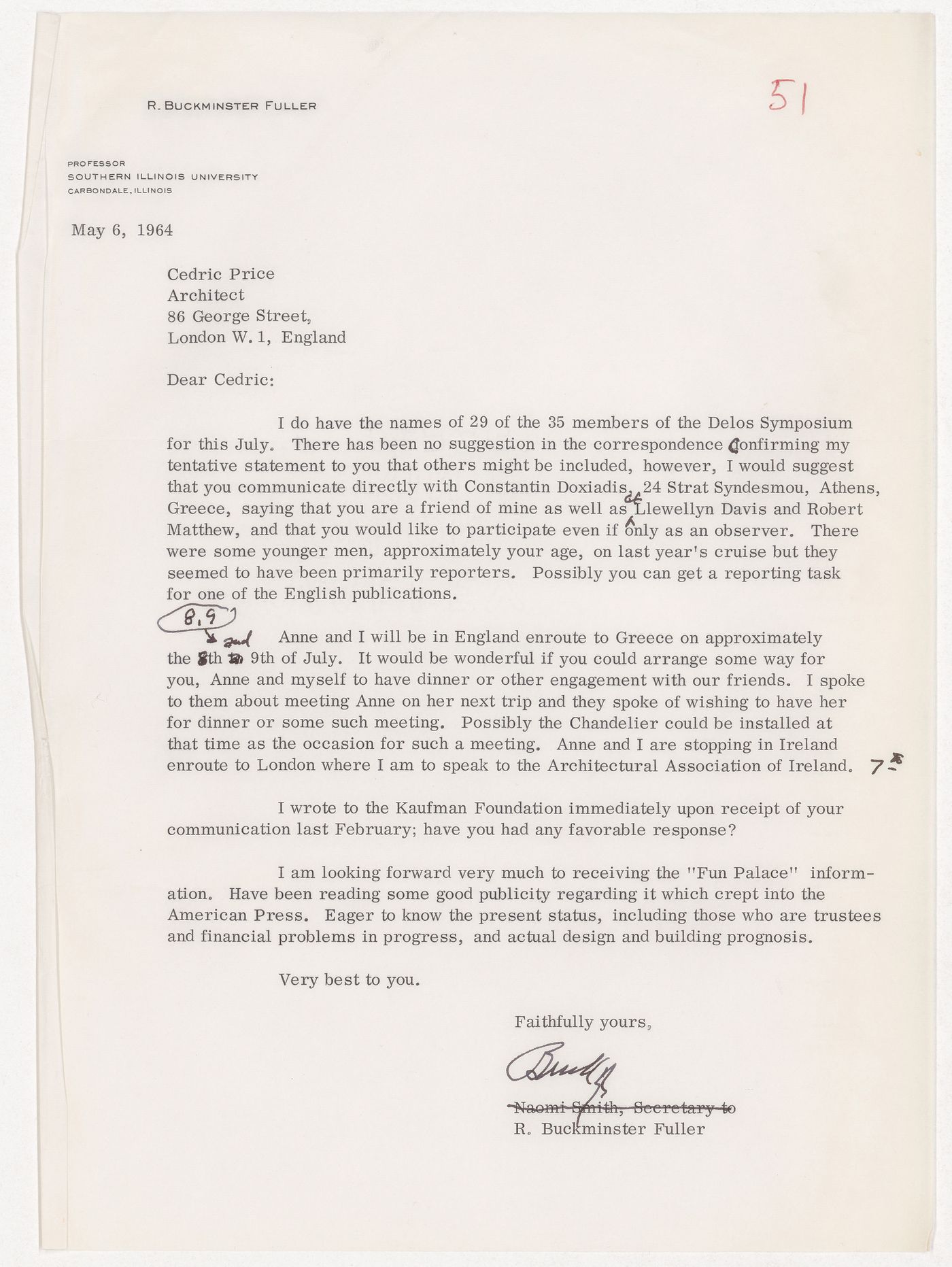 Letter from R. Buckminster Fuller to Cedric Price about the Delos Symposium