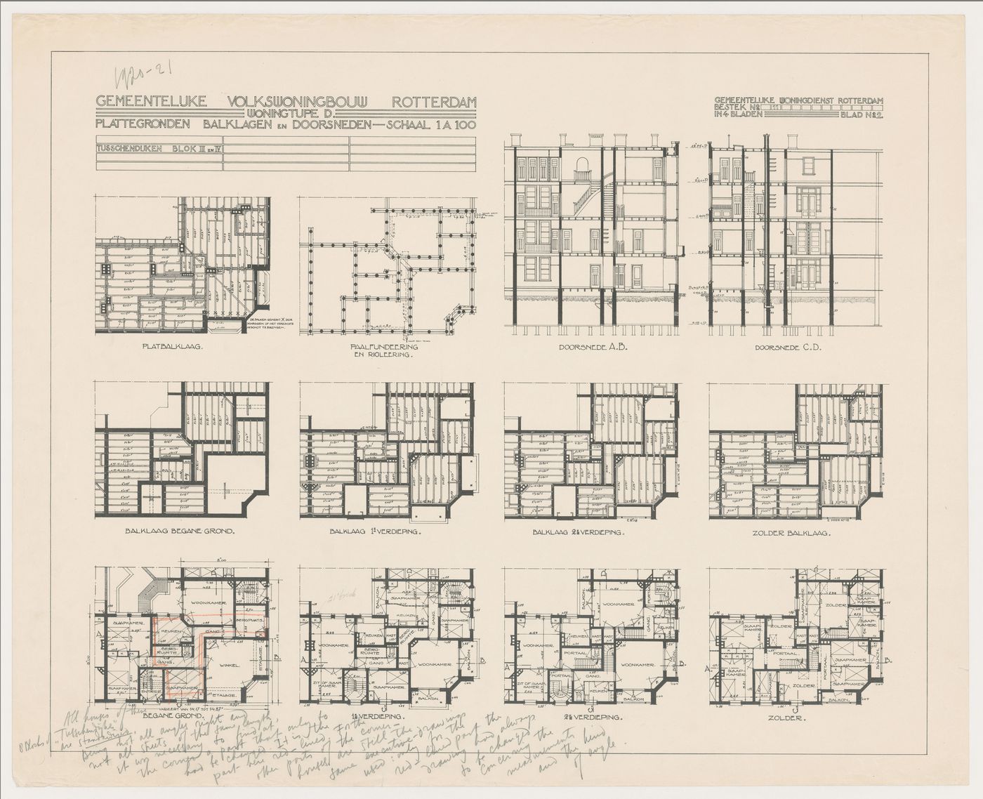 Floor, piling and framing plans and sections for Blocks 3 and 4, Tusschendijken Housing Estate, Rotterdam, Netherlands