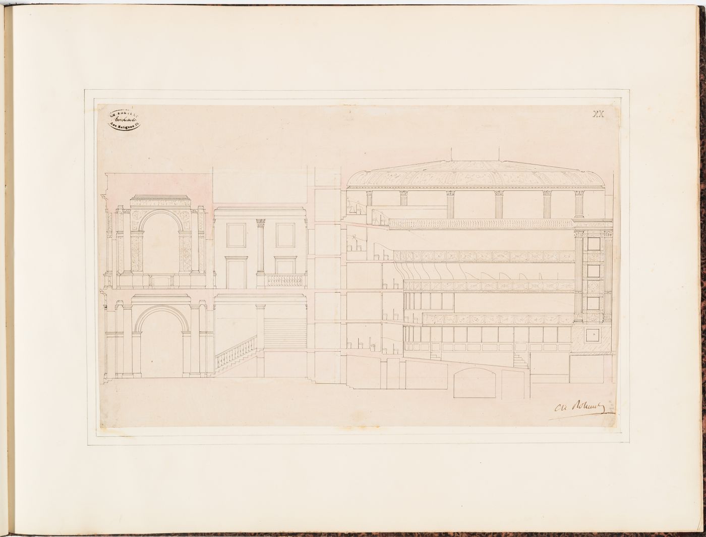 Longitudinal section for the Théâtre Royal Italien, showing the "vestibule", "foyer", "escalier", and "planchers de la salle"