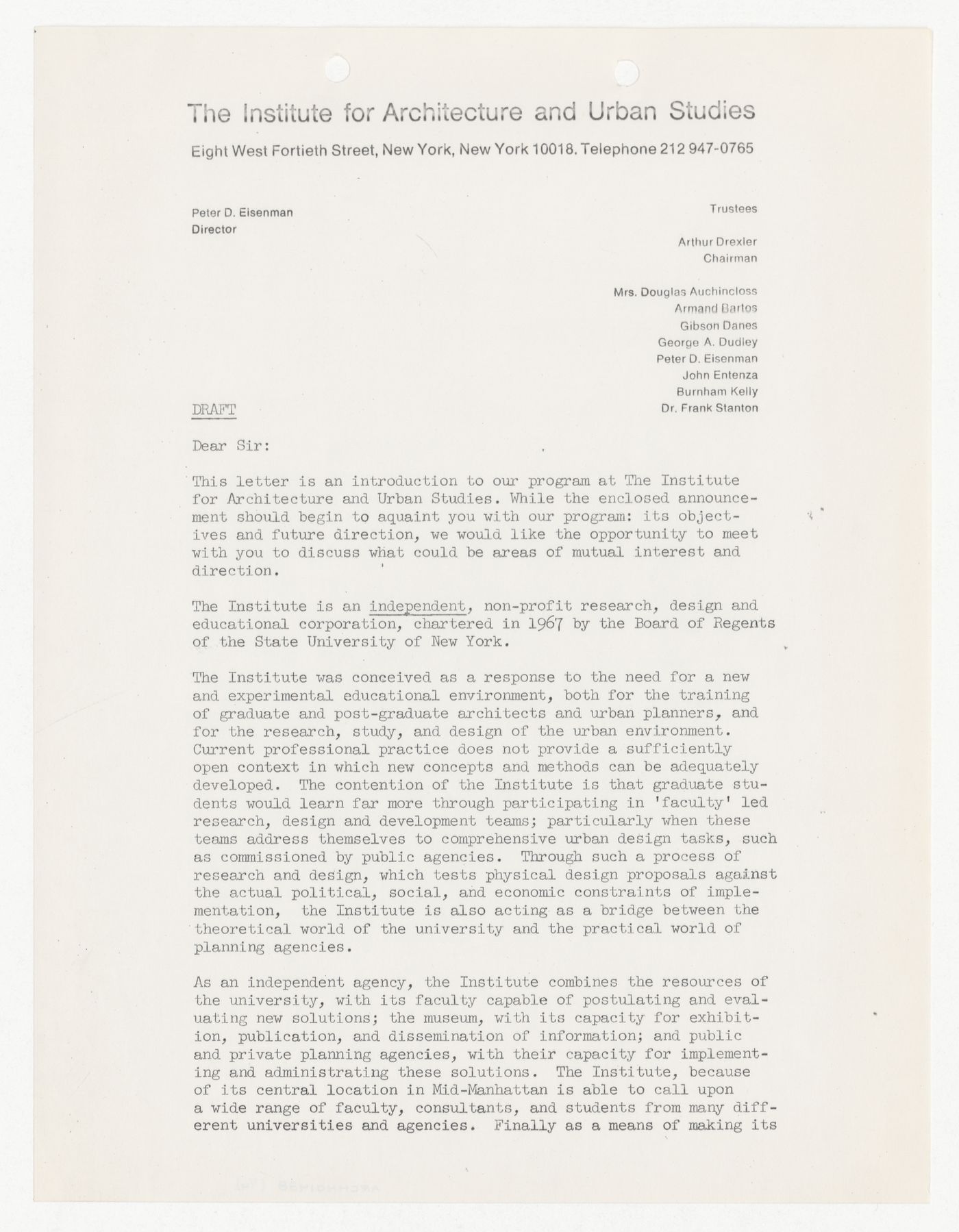 Draft letter for requesting donations including a brief overview of IAUS history and projects written by Peter D. Eisenman